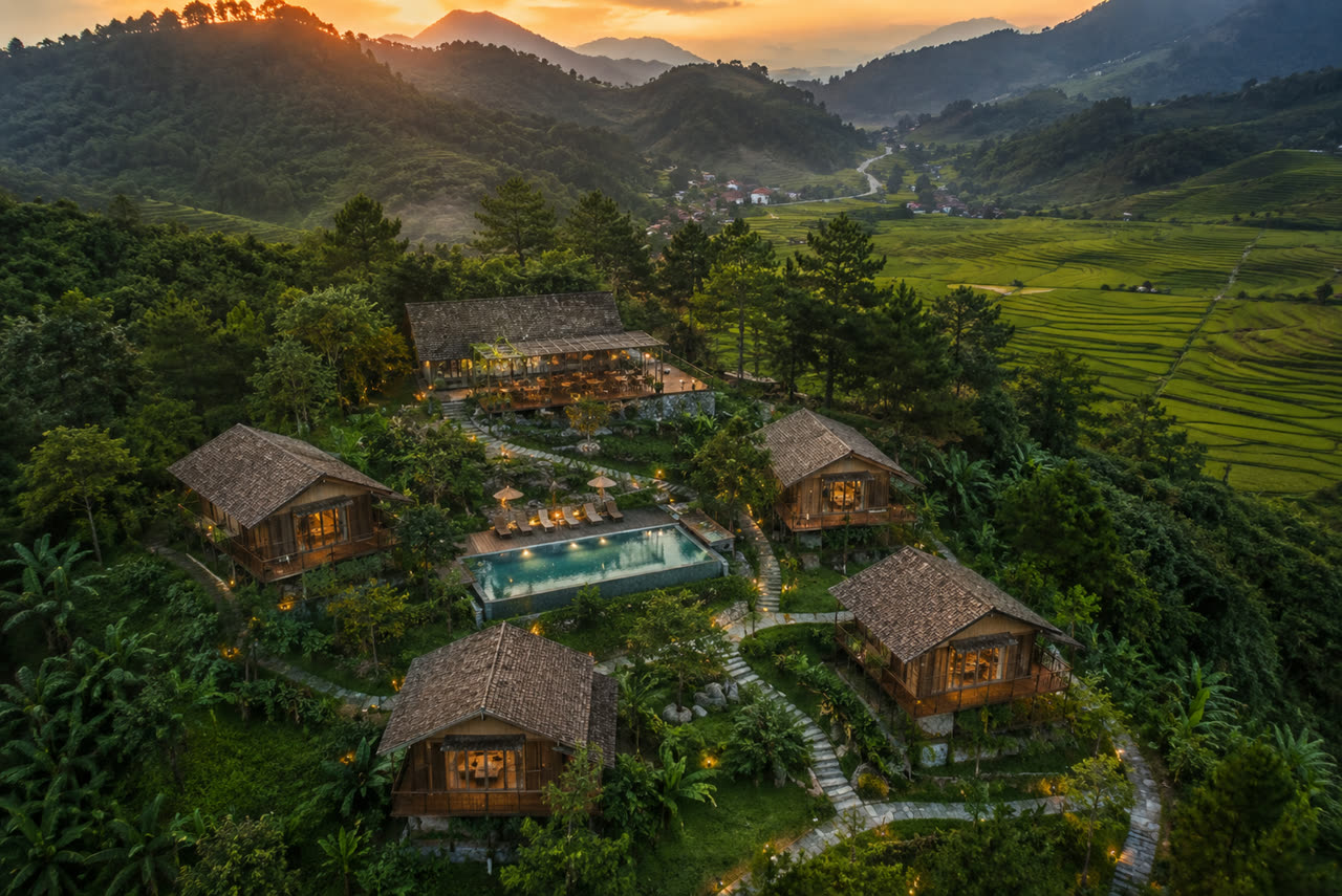 Phối cảnh toàn cảnh cụm bungalow nghỉ dưỡng